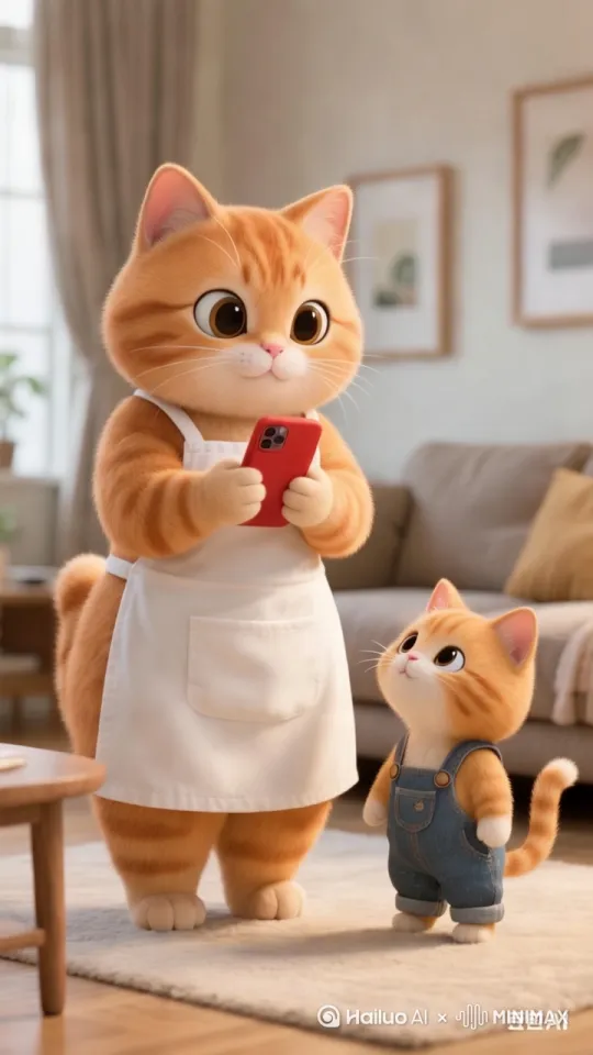 小猫咪问妈妈，我可以看会手机吗？妈妈回答，小时还是半夜，小猫咪说，哼，看手机还需要收费，那我就不看了，太伤感情啦 by Hailuo AI Video Generator