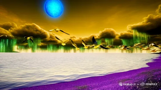 以极具质感的CG厚涂与游戏CG风格，打造出一幅超现实的海边盛景。天空被奇异的黄色所浸染，如同被施了魔法，绿色的光线如梦幻般倾洒，扭曲了空间的质感。广袤的白色海洋，表面涌动着神秘的波纹，仿佛来自异次元。巨大的蓝色太阳高悬天际，散发出冰冷又魅惑的光芒。一群闪耀着金色光辉的海鸥，如火焰般划破黑色的、如同实体般厚重的云朵，它们的身形在光线中若隐若现。紫色的沙滩蔓延向远方，沙粒闪烁着神秘的幽光。刹那间，浑身散发银色冷光的海豚破水而出，它们的身体如同流动的水银，在空中凝固成超现实的优美姿态，整个画面充斥着细腻的质感、丰富的色彩层次与令人惊叹的精致细节。[左移,上升] by Hailuo AI Video Generator