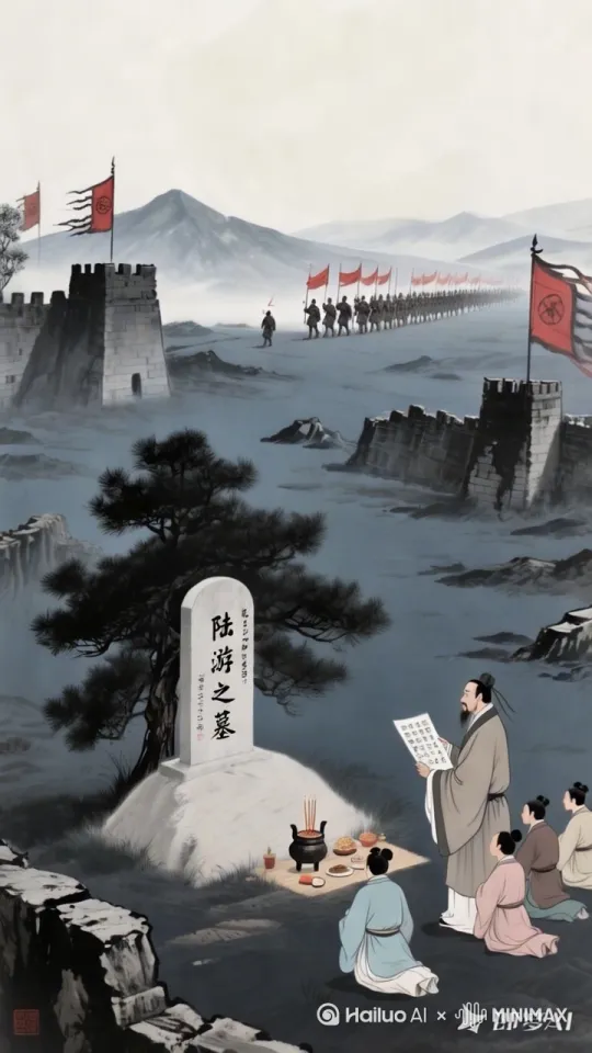 远处的军队正在行进，红色旗帜随风飘扬，有几个人在墓前跪拜 by Hailuo AI Video Generator