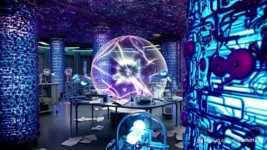 地下30层的量子实验室，墙壁爬满发光的蓝紫色电路纹路。中央悬浮着一颗不断坍缩又重组的水晶球体，周围散落着被撕碎的实验日志。每当时钟指向凌晨3:33，所有仪器会突然倒转运行，而监控录像里总会出现一行用血写在玻璃上的公式：**E=τ²**。唯一不变的是实验台上半杯凉透的咖啡，杯底沉着半融化的方糖，形状像极了莫比乌斯环。[下降] by Hailuo AI Video Generator