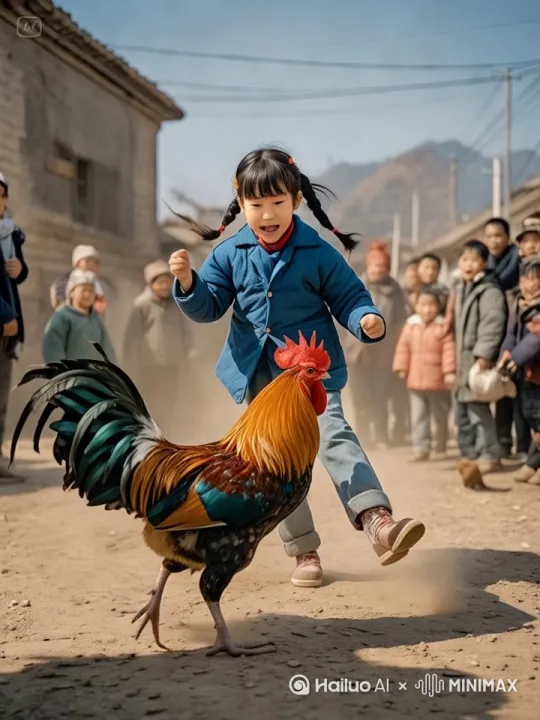 小女孩左腿猛地一蹬地，高高跃起，右脚如旋风般扫向公鸡的头部。公鸡机灵地低头闪躲，同时猛地向前一冲，用头顶向小女孩的腹部。小女孩左拳一招右拳则如雷霆万钧之势直击公鸡的侧身。公鸡侧身一扭，避开拳头，公鸡跳起来施展出迅猛的连环踢猛踢向小女孩。小女孩迅速抽回手，公鸡突然高高跃起，向小女孩踢去，小女孩趁公鸡落地未稳，飞起一脚踢在公鸡的后腿上，他们的招式刚柔并济，时而是刚猛的直拳，时而是柔美的转身回旋踢。其它的人都站起身来鼓掌呐喊。 by Hailuo AI Video Generator