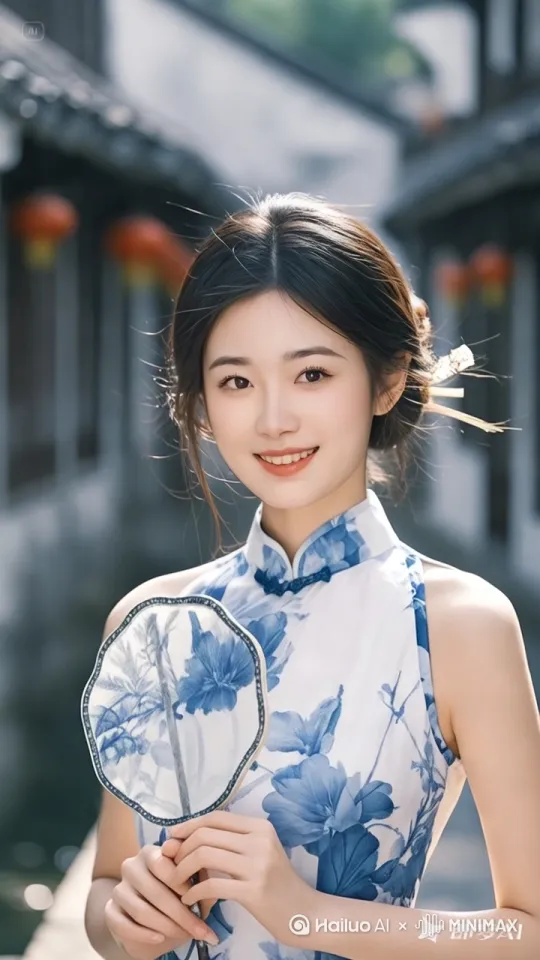 镜头[右移,左摇,跟随]拍到阳光洒在人物身上，接着她向你微笑[下降,上摇]，害羞[推出,上升,下摇]，阳光映照着她头发发光，散发着干净清冷的气场 by Hailuo AI Video Generator
