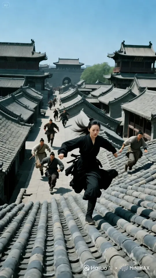 镜头移动，动态跟随。一群土匪在房顶上追杀女侠，女侠向前飞跑，一招一式惊险，男子一起攻击女侠，女侠朝前腾空飞跑，航拍效果，自然流畅，动作合逻辑，一镜到底，打斗中二人五官不扭曲，不凸兀，不变形，场景逼真，电影《卧虎藏龙》经典打斗场景。 by Hailuo AI Video Generator