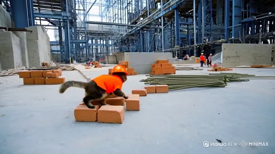 工地打工猫是一只活跃于建筑工地的萌宠，因模仿人类工人劳作而走红网络。它身着橘黄色工服、头戴安全帽，穿梭于钢筋水泥之间，以“搬砖”“扛钢筋”等行为成为工地独特的风景线，被网友称为“打工人精神代言人” 。 by Hailuo AI Video Generator