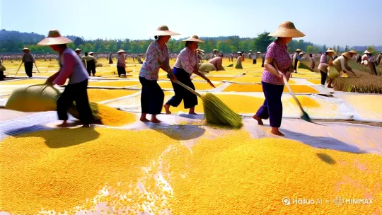 **提示词：八九十年代农村晒稻场景**  
**画面主题：** 秋日艳阳下，农村广场的晒稻与打谷繁忙景象，交织着大人的辛劳与孩童的嬉闹，还原质朴的乡村生活。  

**场景核心元素：**  
1. **晒稻场：** 广场铺满金黄稻谷，成片的竹席、塑料布上稻粒堆积如山。农妇头戴草帽，身穿碎花布衫、深蓝布裤，赤脚或穿解放鞋，用木锨翻晒稻谷，扬起细碎尘雾。男人肩扛麻袋运送稻谷，汗水浸透白背心，裤脚沾满泥渍。  
2. **打谷区：** 手摇式打谷机轰隆作响，滚筒转动间谷粒飞溅。壮年男子弓腰踩动脚踏板，妇女递送稻束，稻穗与稻草分离后散落半桶。一旁堆着捆扎整齐的稻草垛，扎稻草人的老人用麻绳缠绕秸秆，孩童偷偷抽几根嬉闹。  
3. **孩童嬉戏：** 穿补丁裤的男孩滚铁环、抽陀螺；女孩跳皮筋、抓石子，兜里揣着自制竹蜻蜓。幼童蹲在谷堆边捉蟋蟀，被大人呵斥“莫踩稻子！” 中华田园犬穿梭其间，叼走遗落的草帽。  
4. **工具与细节：** 竹耙、簸箕、风车（木制扬谷器）散落场边；锈迹斑斑的镰刀斜靠石磨；铁皮水壶、搪瓷缸摆在条凳上。背景可见砖瓦房与土坯房，木窗贴褪色窗花，房檐挂辣椒串、玉米棒。  
5. **环境氛围：** 远处稻田残留稻茬，炊烟从青瓦屋顶升起。广播喇叭播放《在希望的田野上》，夹杂蝉鸣与打谷声。突来一阵急雨，众人慌乱收谷，塑料布哗啦作响，孩童尖叫嬉逃。  

**色调与质感：** 暖黄色调突出秋收饱满感，粗布衣物质朴厚重，工具木质纹理清晰，稻谷颗粒分明带细小茸毛，阳光斜射尘粒悬浮，增强年代胶片感，人物真实，不要绘画和卡通。 by Hailuo AI Video Generator