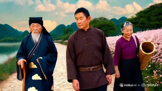天启之路。三位身着古装的中老年人行走在蜿蜒的青石古道上。为首的老者身着藏青色长袍，袍身绣有淡金色云纹，头戴黑色方巾，面色和蔼，留着一缕灰白色山羊胡，手持一根古朴的木质拐杖。第二位中年男子，身着深褐色布衫，袖口和领口镶着浅棕色的边，束着黑色腰带，他面容刚毅，眼神沉稳，背着一个竹编书篓。第三位老妇人身着紫红色的对襟长衫，下配黑色百褶裙，发间插着一支银簪，脸上带着温和笑意。周围是青山绿水环绕，路边盛开着淡粉色的野花，微风拂过，衣袂飘飘。天空湛蓝如宝石，几缕洁白的云朵悠悠飘荡，营造出闲适、悠然的氛围，整体画面色调以暖棕、青灰为主，融合自然的清新色彩 。 by Hailuo AI Video Generator