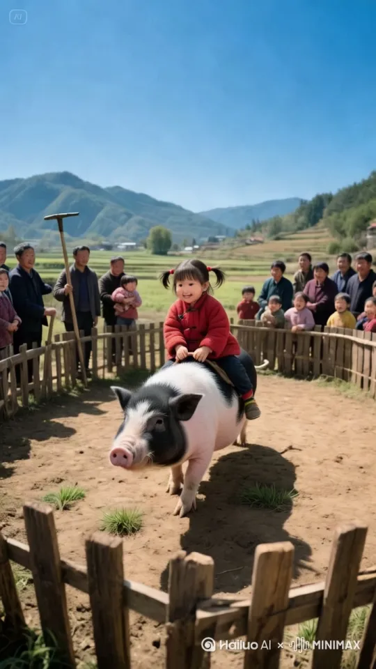 母猪在场地中奔跑，上下跳跃、疯狂跳跃，小女孩紧紧骑在母猪身上，镜头移动
动作自然流畅，符合逻辑，极致细节，镜头跟拍，超真实动态捕捉。清晰自然，不模糊，高质量，没有瑕疵 by Hailuo AI Video Generator