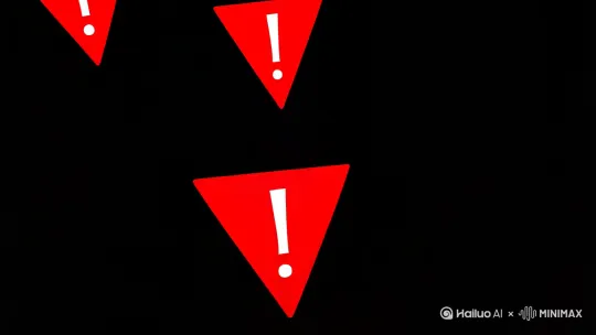 全黑背景中多个红色三角警示牌交错飞入，[拉远,上升,下摇]汇聚成闪烁的"!"符号后爆破消散，荧光白标题"紧急关注"带残影抖动浮现，背景光效模拟警车红蓝交替闪烁[左移,推进,右摇] by Hailuo AI Video Generator