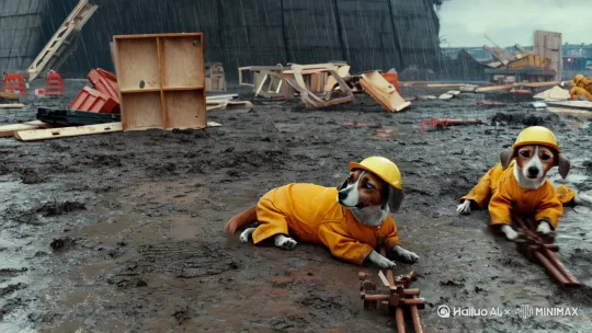 二只小狗在工地上干活，穿着橙黄色工人的衣服，戴着头盔，衣服脏兮兮很破烂，拿着钢筋，杂乱工地，落魄的神情，穷困潦倒，天空下着雨，十分疲惫，还不忘提醒同伴注意安全 by Hailuo AI Video Generator