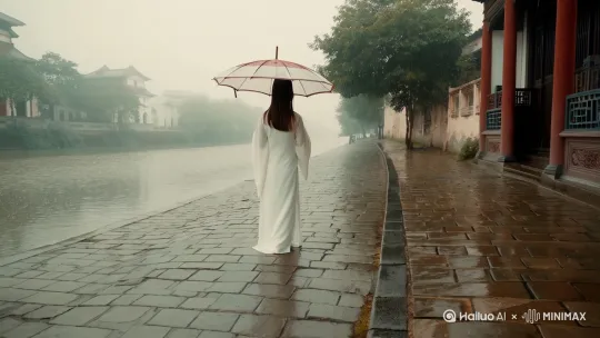 江南水乡，毛毛细雨蒙蒙，民国时期，一年轻女子身穿白色旗袍背影，打着油布雨伞，走在临河街道石板路上…大广角远景、高清晰摄影视频[推进,上升] by Hailuo AI Video Generator