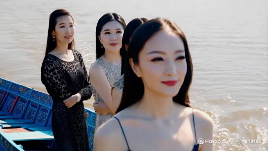 阳光明媚，微风轻拂，几个现代的美女在秦淮河边看河中的画舫，听着优美的音乐，河水涟漪款款走来 by Hailuo AI Video Generator