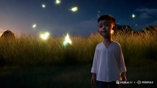 仰拍星空转场，男孩剪影融入萤火虫光网，空中浮现发光蝴蝶群，地面露珠倒映出笑脸 by Hailuo AI Video Generator