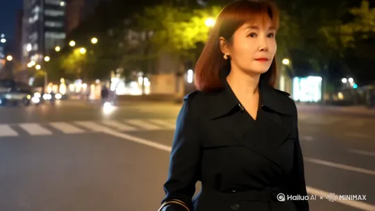 [左移,右摇,跟随]一个美女手提一只包包穿着黑色风衣走在夜晚的街道上，来往的车辆和行人从他身后经过[左移,跟随] by Hailuo AI Video Generator