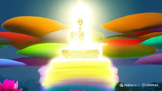 佛光普照，头顶佛光始祖，脚踏七彩祥云降世！遍地生莲！百花齐放！ by Hailuo AI Video Generator