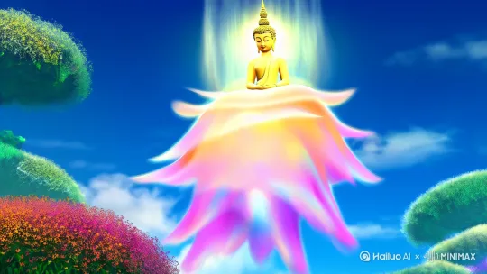 佛光普照，头顶佛光始祖，脚踏七彩祥云降世！遍地生莲！百花齐放！ by Hailuo AI Video Generator