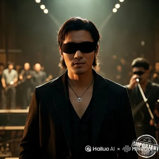 缓缓走向前来，冷漠的表情慢慢露出了笑意。背景灯光闪烁，周边是兴奋的人群。[推进] by Hailuo AI Video Generator