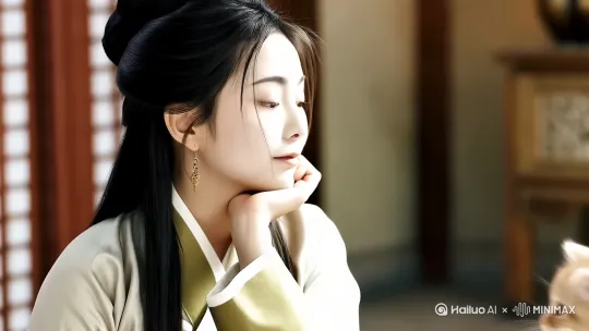 画面中，身着古风服饰的女子原本托腮安静坐着。忽然，一只毛茸茸的小奶猫“嗖”地跳上她的膝盖，睁着圆溜溜的大眼睛望着她。女子先是一愣，随即眼眸弯成月牙，嘴角上扬，轻轻伸手抚摸小猫脑袋，脸上满是温柔笑意 。 by Hailuo AI Video Generator