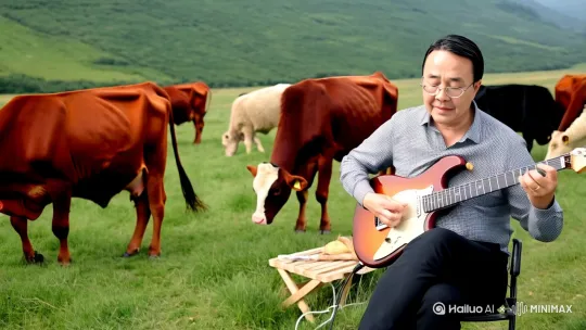 在草原上弹电吉他，唱着优美悠扬的草原歌曲，草原上有成群的牛羊 by Hailuo AI Video Generator