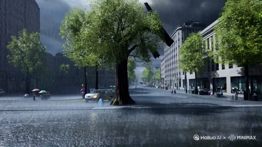 请生成一个下雨天街边行道树倒伏的视频 by Hailuo AI Video Generator