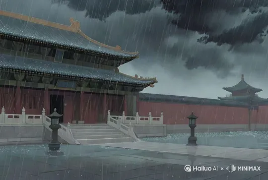 镜头左摇右移，然后下摇上移，随后推进到天空，天空下着雨，还出现了几道闪电 by Hailuo AI Video Generator
