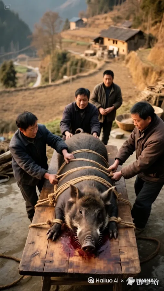 野猪挣脱绳索，和人史诗般的暴力打斗场面，镜头限随图片中的人和猪拳打脚踢。快速暴力动作片，人和野猪的生死战，电影级，人和野猪拳打脚踢动作非常快速，野猪和人打出幻影 by Hailuo AI Video Generator