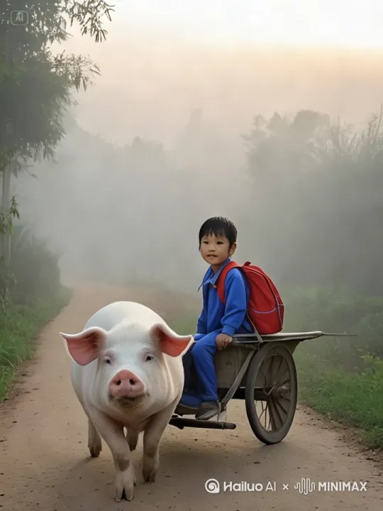 猪拉着平板车载着小主人一路小跑在乡间小路上，去上学的视频，镜头始终跟随猪和小主人 by Hailuo AI Video Generator