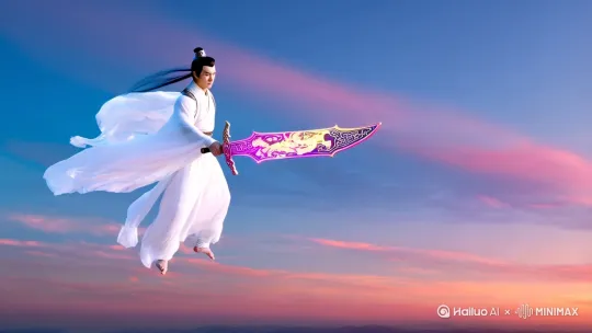 陆云身着白衫，漂浮于天空，手持如意心魂剑，此剑长三尺，通体呈现五彩光泽，内敛龙形图案，乃远古地心火龙，一剑挥出，火龙翱翔天穹，剑光纵横三千里 by Hailuo AI Video Generator