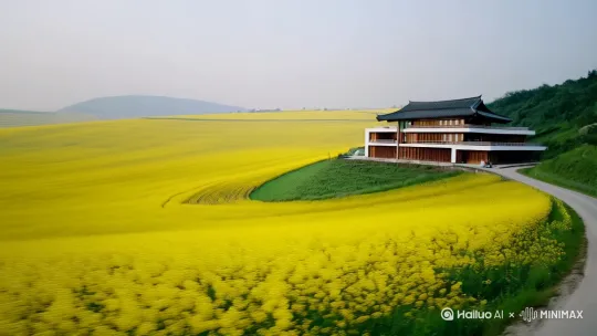 通往农村田野尽头  一看油菜花一望无垠  高低起伏  其中一栋两层新中式风格的楼房屹立在哪里  外观设计独特 简直就是新农村建设的代表之作  庭院里面有浴池 绿化 还有凉亭  茶室  摇椅  胜似人间乐园 主任和小狗安闲意得  …… by Hailuo AI Video Generator