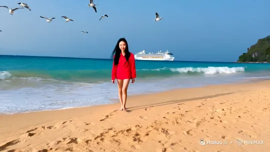 在美丽的沙滩上,一位漂亮的中国年轻美女,黑发飘飘,身穿红色休闲服,身材修长,赤脚走在沙滩上,海水拍打着沙滩,拍打着美女的双脚,冲击着美女留下的脚印,海鸥低空盘旋,远处一艘游轮移动,沙滩上美丽的椰子树,其它游客 by Hailuo AI Video Generator