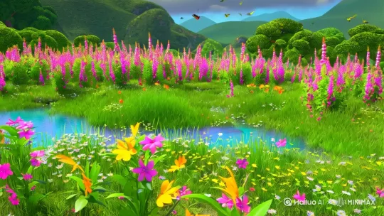 >通过摇境上下仰环绕等镜头展现一个鲜花盛开，音乐响起，笛声优美，绿草如荫流水潺潺，鸟语花香，彩蝶飞舞，白云朵朵，远山叠翠的场景，有一个小朋友由运及近向境头奔来，二人都跟前时境头定格。 by Hailuo AI Video Generator