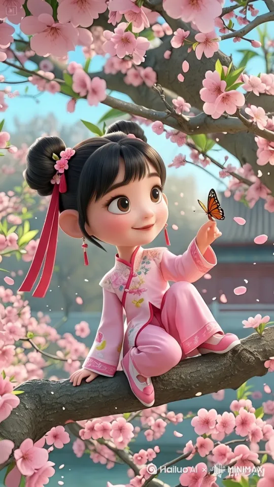[左移,右摇,跟随]蝴蝶从右至左飞过画面，小姑娘睫毛颤动，衣摆随呼吸轻微起伏，背景桃花枝随镜头推进轻微晃动，花瓣飘落速度与镜头推进节奏同步。 by Hailuo AI Video Generator