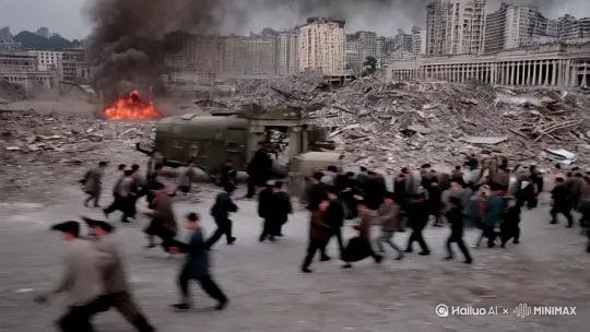 1943年炮弹轰炸广东首府，四处跑的人[左移,上升][右移,跟随][晃动] by Hailuo AI Video Generator