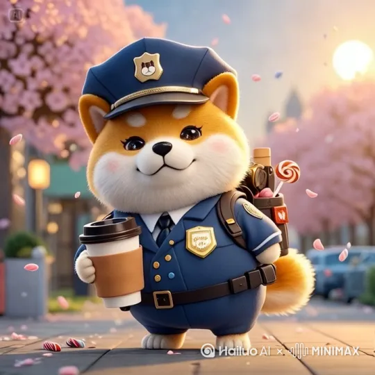 这是拟人化的柴犬警官，它走在去上班的路上。像人一样踱着小步，一步一步向前走[跟随] by Hailuo AI Video Generator