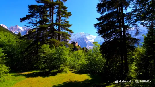 制作一个幽静山林，有明媚阳光穿过树林，远处可以望见雪山古堡，[推进,上升] by Hailuo AI Video Generator