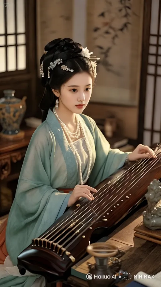 一位身着淡绿色轻薄汉服的女子，颈间环绕多层珍珠项链，头上梳着精致典雅的发髻并点缀华丽发饰与花朵，正优雅地弹奏一架古朴的古琴。周围环境为古色古香的中式空间，可见木质雕花家具、带有传统纹样的花瓶以及挂有字画的墙壁，柔和光线洒入，营造出宁静雅致、充满东方古典韵味的氛围[固定镜头] by Hailuo AI Video Generator