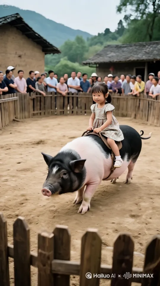 "广角镜头,超高清 16K 真实摄影,HDR 效果,充分展现圆形围栏场地。
在中国农村的一片开阔地上,有一个由结实的木质栅栏围成的圆形围栏场地。场地中,一个大约三岁、扎着两个可爱小辫子的小女孩正骑在一头黑白相间的大母猪背上。小女孩身穿红色的小棉袄,脸蛋红扑扑的,眼神中透露出坚定和勇敢,两只小手紧紧抓着母猪的毛,似乎下定决心要驯服这头母猪。
围栏外站着众多围观的村民。有扛着锄头的大叔,有抱着孩子的大婶,还有一群嬉笑打闹的孩子。他们表情各异,有的露出惊讶的神情,有的则满脸笑意,还有的交头接耳,小声议论着。
场地的地面是松软的泥土,还长着几簇嫩绿的小草。木质栅栏有些地方已经磨损,显露出岁月的痕迹。远处是连绵起伏的青山和错落有致的农田。
天空湛蓝如宝石,万里无云,阳光毫无遮挡地洒在围栏场地上。" by Hailuo AI Video Generator