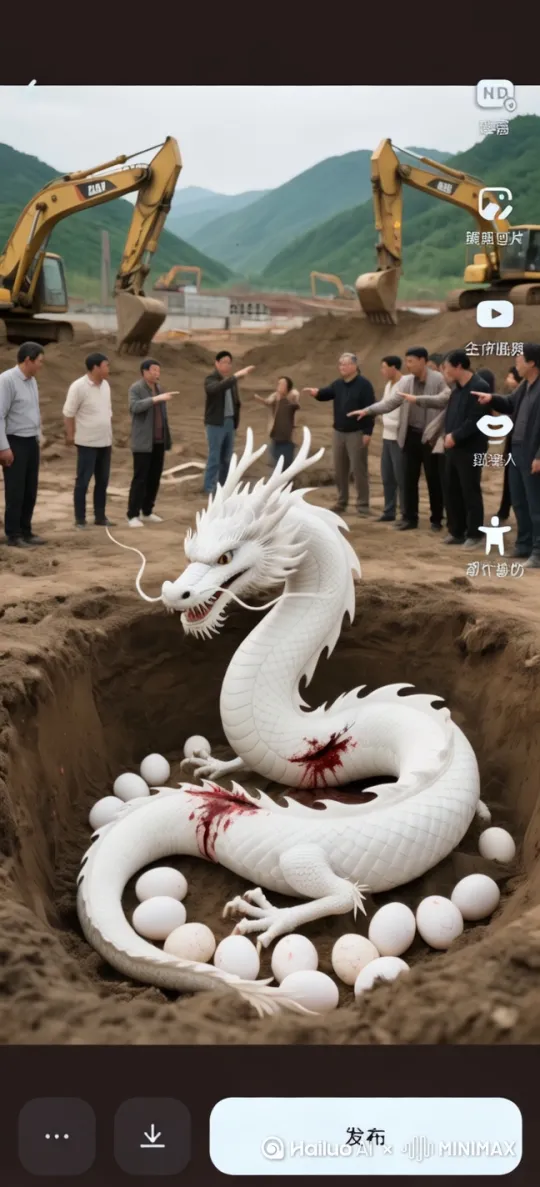 龙围绕着蛋缓缓移动，龙头摇动，嘴巴一张一合，镜头动起来，图中人物惊恐地向后退去 by Hailuo AI Video Generator