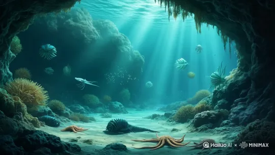 奥陶纪的海洋中，蓝绿藻漂浮如雾，三叶虫在海绵礁间穿梭，直角石追捕着笔石群。​詹氏萨卡班甲鱼常与海蝎子（板足鲎）同栖近岸洞穴，它凭借扁平身躯避过掠食，用特殊口腔滤食微生物，而近亲星甲鱼也常在附近海底留下爬行痕迹。 by Hailuo AI Video Generator