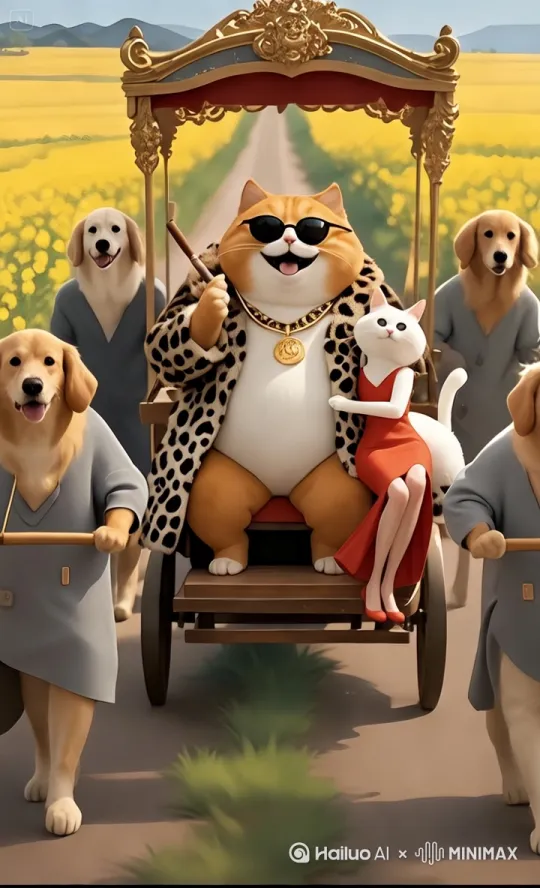 让图中的四只金毛犬迅速的向前奔跑，马车向前运动，胖橘猫嘴上的雪茄冒出烟圈 by Hailuo AI Video Generator