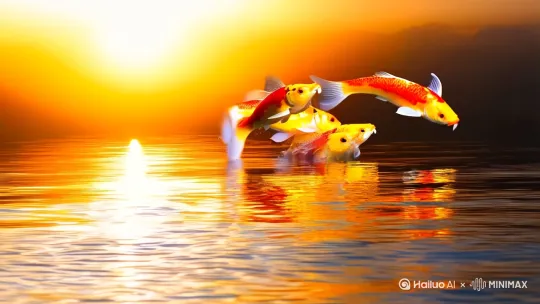 傍晚金色夕阳暖色调渐变天空，金红色鲤鱼群以优雅弧线跃出水面，鱼鳞折射夕阳光芒，水面波光粼粼的镜面反射，鲤鱼动态捕捉清晰尾鳍水珠飞溅，写实风格与虚幻质感结合，高对比度光影层次，超高清8K画质，中国风水墨笔触融入现代CG效果[推出,上升,下摇] by Hailuo AI Video Generator