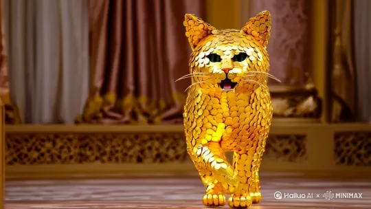 一只金币组成的猫开门向镜头跑来，边跑边说“欢迎来抱财” by Hailuo AI Video Generator