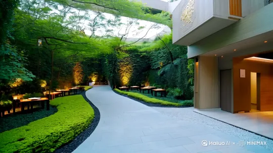 我需要设计一个花园餐厅  明厨展示  面积室内450平米 室外150平米  入口曲折花园步入大厅 大厅右侧三分之一面积一次布置收银台  名厨展示  最里侧暗藏卫生间
大厅内设置双排花园式卡座  室内最顶端沿墙设置8-10人包厢  大厅最外侧向外延伸 设置花园卡座  要求新中式风格  生成3D全景动画  室外入口要设置网红打卡景观  整个餐厅外围设置停车场 by Hailuo AI Video Generator