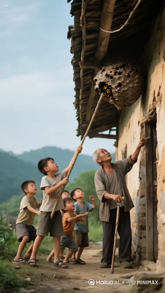 小孩把儿薄小孩把蚂蜂窝捅破 马蜂瞬间喷涌而出他们每个人头顶上都有一团马蜂  小孩一边捂着头，一边蹦着高跑 老头捂着头在地上打滚 by Hailuo AI Video Generator