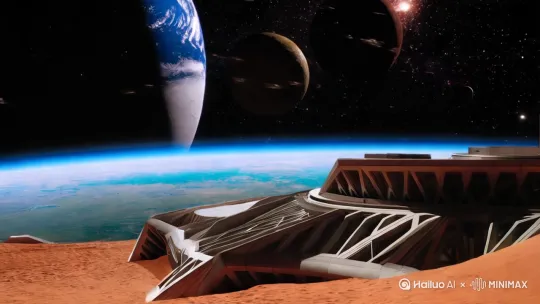 火星建筑背景有地球及其他行星 by Hailuo AI Video Generator