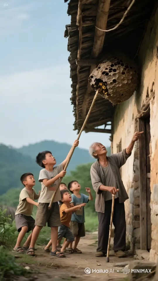 小孩把儿薄小孩把蚂蜂窝捅破，上千只马蜂把他们团团围住，他们每个人头顶上都有一团马蜂  小孩一边捂着头一边又蹦又跳， 老头捂着头在地上打滚 by Hailuo AI Video Generator