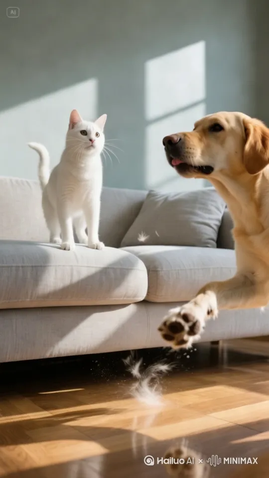 白色的猫在沙发上与沙发下的狗打斗玩耍，镜头始终跟随猫和狗。 by Hailuo AI Video Generator