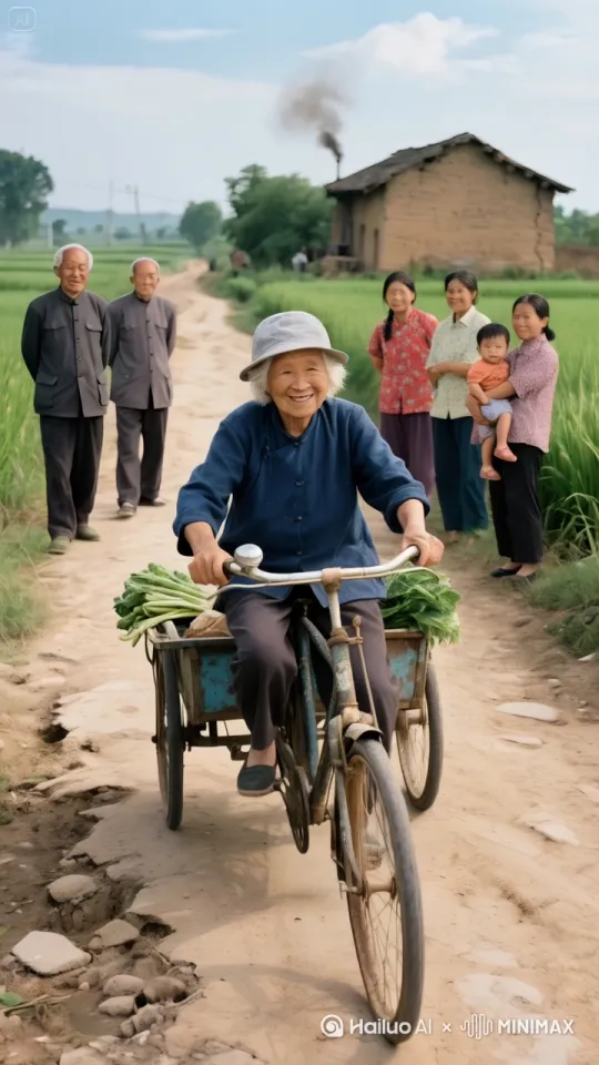 老奶奶车头老奶奶车头猛然一抬，前快速行驶百公里每小时的速度，在乡村土路上行驶，乡村的土路像波浪一样起起伏伏嗯，后面扬起的烟尘两米多高，周围的群众纷纷捂住口鼻 by Hailuo AI Video Generator