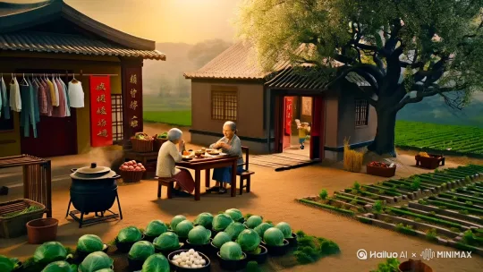 帮我生成一个视频:新工笔,宫崎骏,治愈系,超广角,全景图,中国南方,农田,夏天,大院子,院子里坐着老两口正在吃饭,孙子在旁边玩闹。衣架,土灶,木桌椅上是蔬菜篮子,傍晚,菜园里种了包菜,大蒜,没有杂草,木质小桥,从正屋门口通往楼门。门上贴着春联。门前一颗超大的香樟树,灶台,灶台上放着大锅,锅里煮着饭,马路,细节丰富,完美的细节,线条细腻,侧光,宁静氛围,柔和色彩,复古风格,画面超清晰,岁月痕迹,电影构图,超高清,32k。图片风格为微缩景观,比例 9:16。比例 9:16。 by Hailuo AI Video Generator