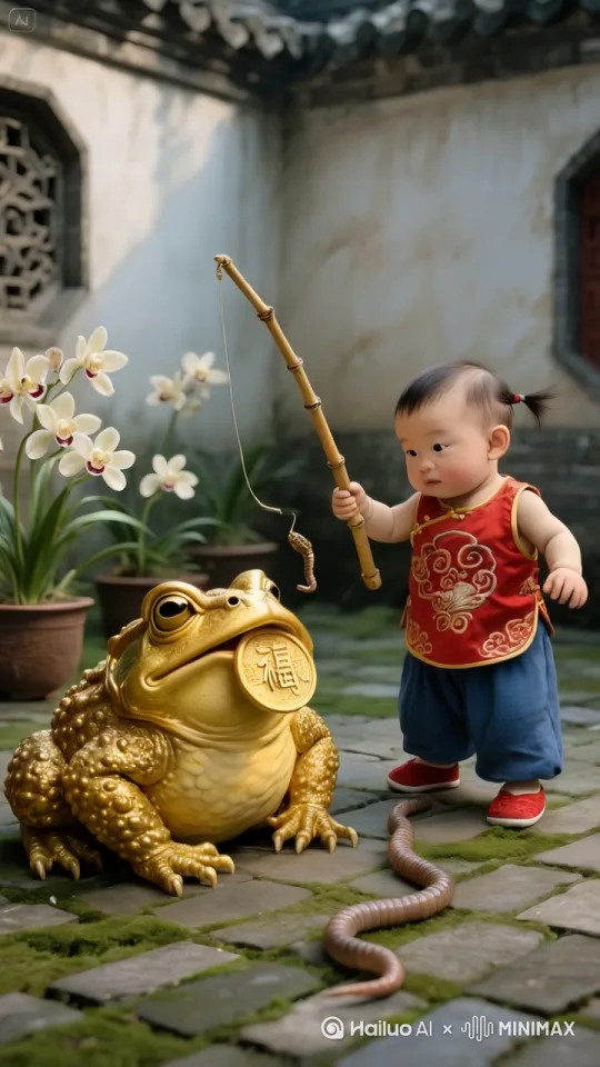 金蝉吐出金蝉吐出嘴里的金币，一口把鱼钩上的蚯蚓吃掉，小孩捡起金币，高兴的又蹦又跳 by Hailuo AI Video Generator