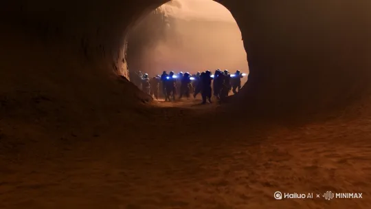 塔图因沙漠，沙暴中的地面突袭  ，芬恩带领小队从地下管道突袭，爆能枪的火光在沙暴中闪烁如萤火。  [推进,上升] by Hailuo AI Video Generator